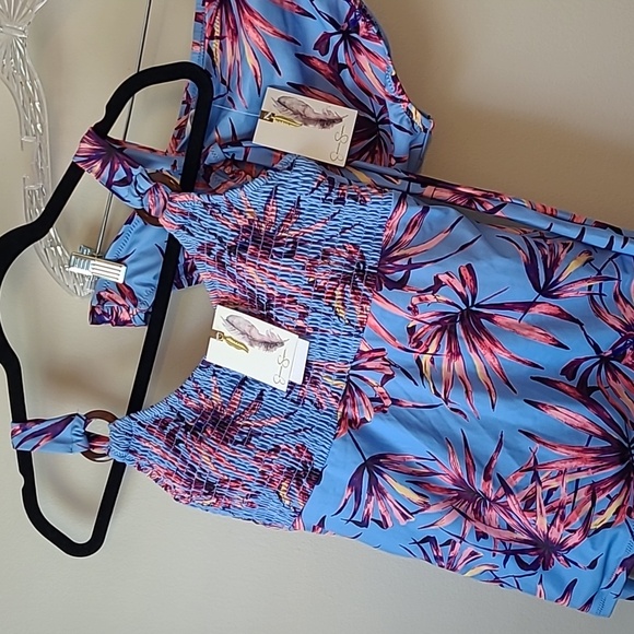 JESSICA SIMPSON  Smocked Tankini Swim Top & Matching Bikini Bottom Botanical XL - Picture 2 of 16